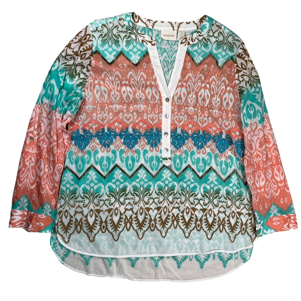 Chico's Women's Sheer Batik Tunic Blouse Sz 2‎ (US 12) Multicolor Lightweight